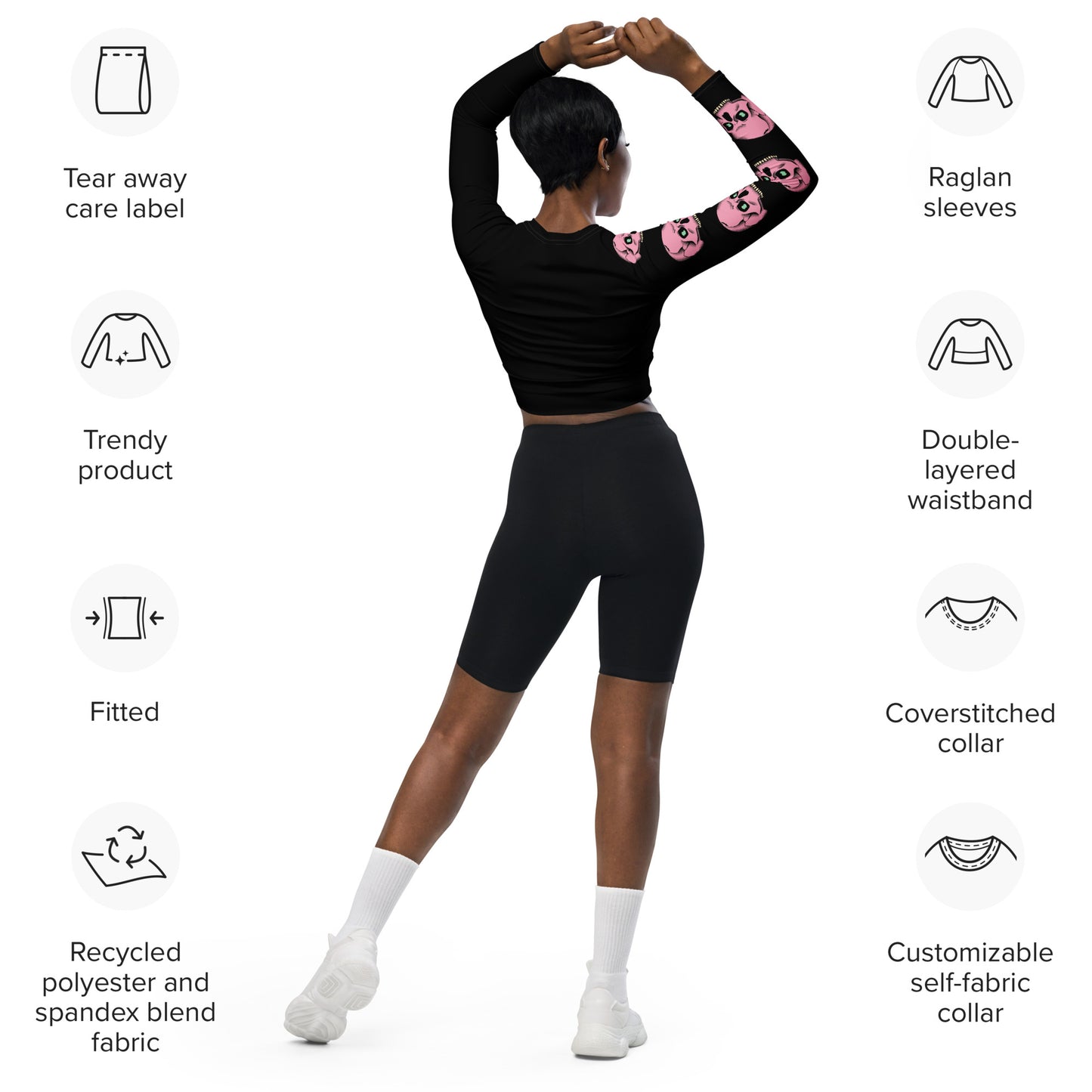SPOOKY SKULL Recycled long-sleeve crop top (Black)