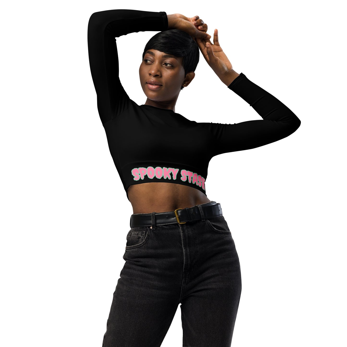 SPOOKY SKULL Recycled long-sleeve crop top (Black)