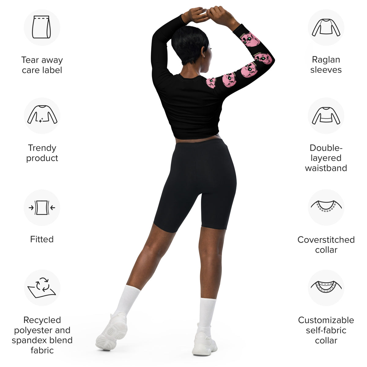 SPOOKY SKULL Recycled long-sleeve crop top (Black)