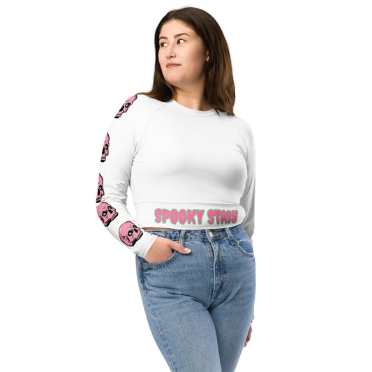 SPOOKY SKULL Recycled long-sleeve crop top (White)